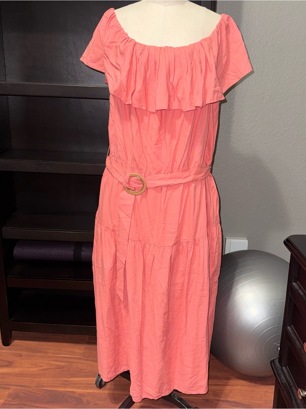 Democracy 2X Cottagecore Linen Blend Off Shoulder Belted Dress NWT